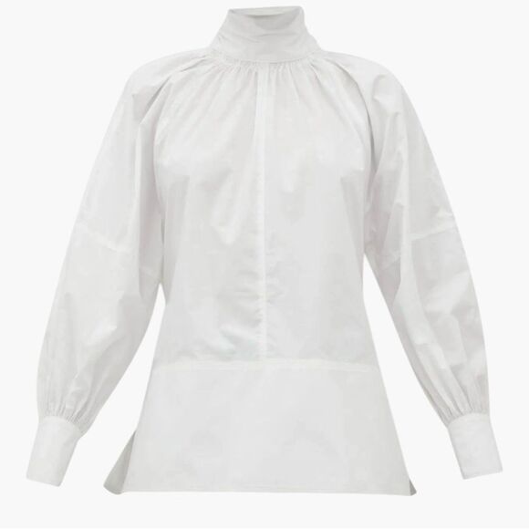 Proenza Schouler Pleated High Neck Blouse Small Cotton Poplin White Long Sleeve - Picture 4 of 16